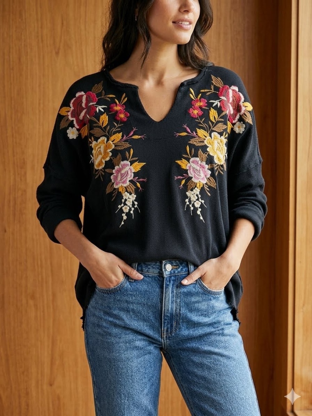 Johnny Was XL Zosia Long-Sleeve Embroidered V-Notch thermal waffle knit top boho